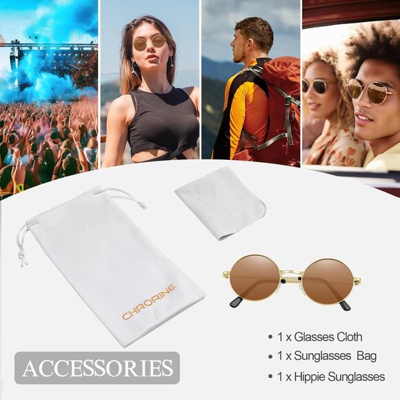 Chrorine Women's Gold Frame Brown Lens Hippie Round 70s Retro Sun Glasses - Picture 3 of 6